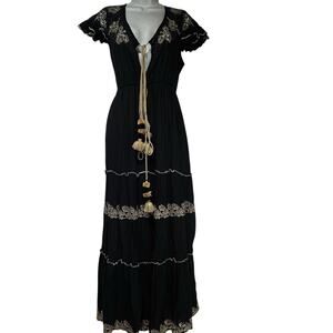 GD Golden Days Paris Black Maxi Dress Embroidered Tassel Tie Boho Size M/L